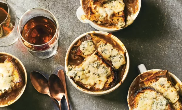 Caramelized Onion and Bread Soup with Brûléed Blue Cheese, Traditional French Food Recipes